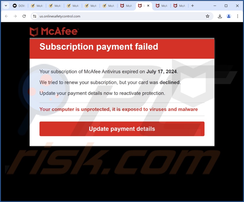 McAfee - Subscription Payment Failed escroquerie