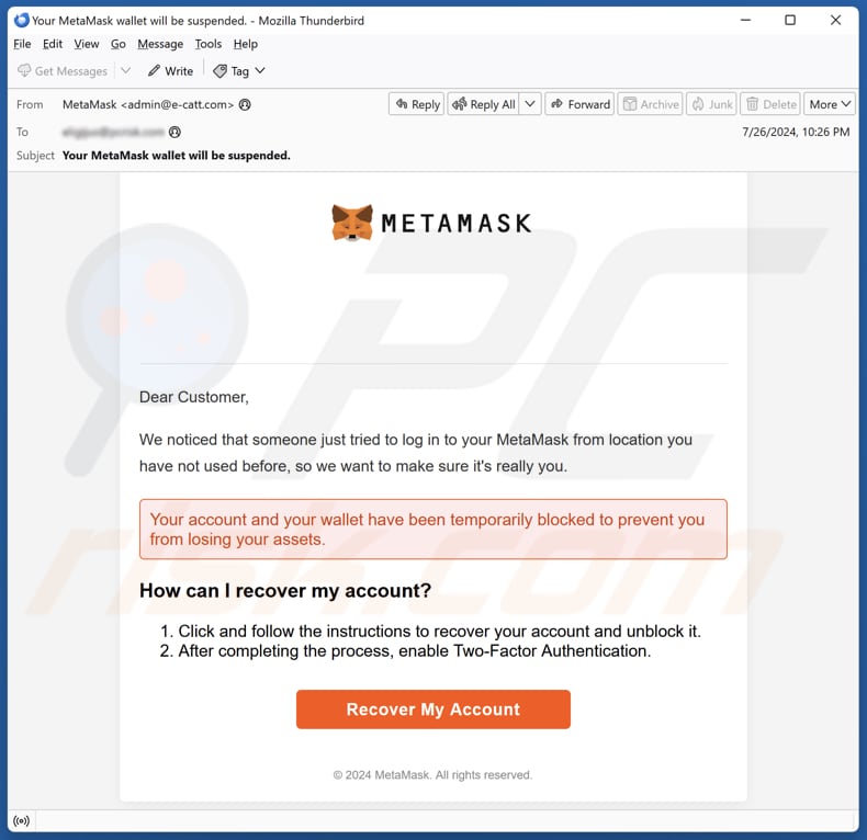 MetaMask Log-In Attempt Campagne de spam par courrier électronique