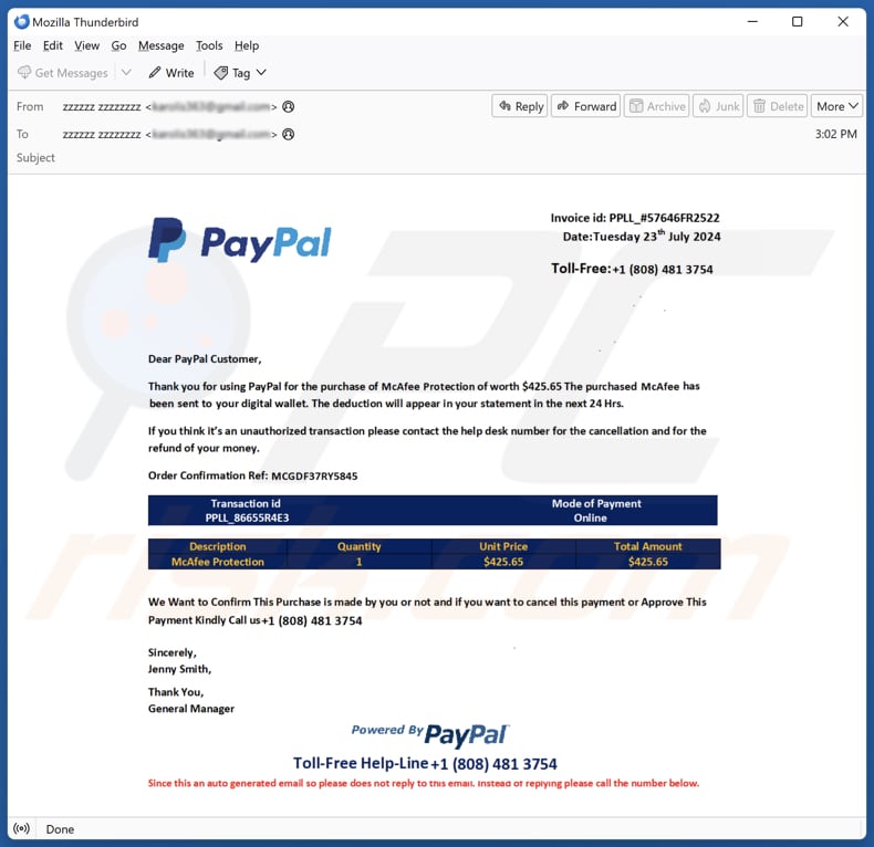 PayPal Order Confirmation Campagne de spam par courrier électronique