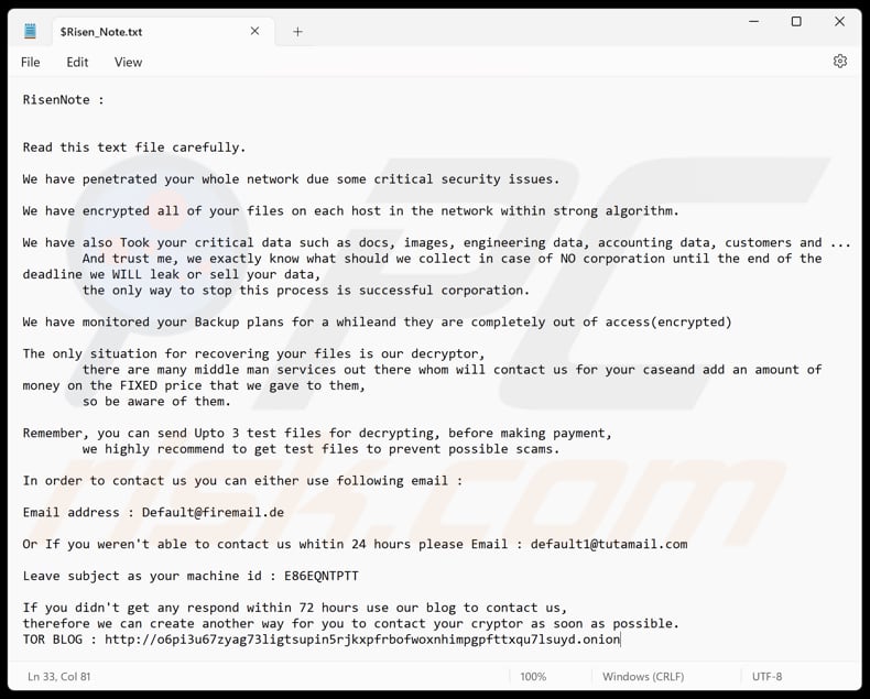 Risen ransomware fichier texte ($Risen_Note.txt)