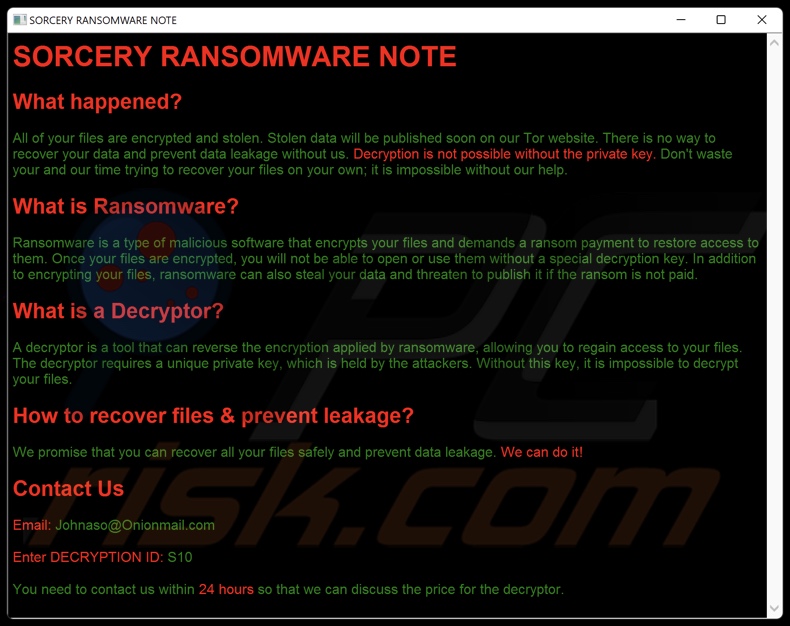 Sorcery ransomware note de rançon (README.hta)