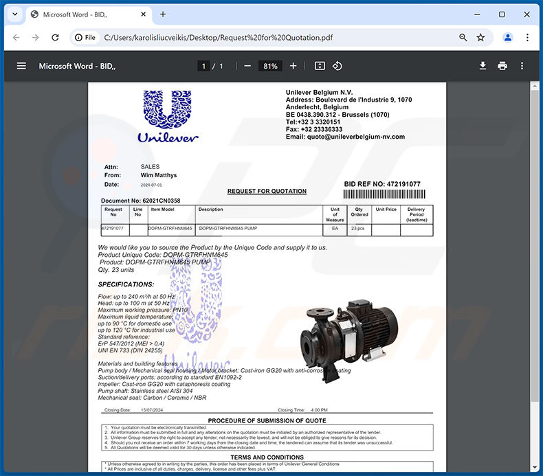 Fichier PDF distribué par le biais de l'escroquerie par courrier électronique UNILEVER (2024-07-01)