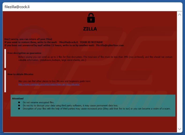 ZILLA ransomware note de rançon (pop-up window)