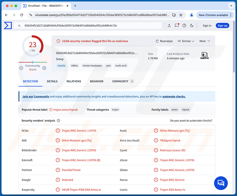 Détection du logiciel malveillant Banshee sur VirusTotal