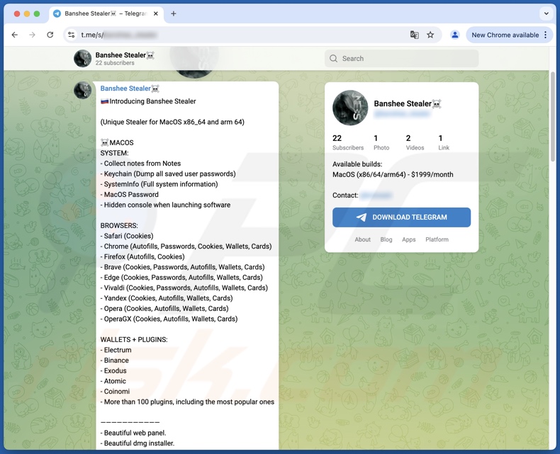 Le logiciel malveillant Banshee approuvé sur Telegram