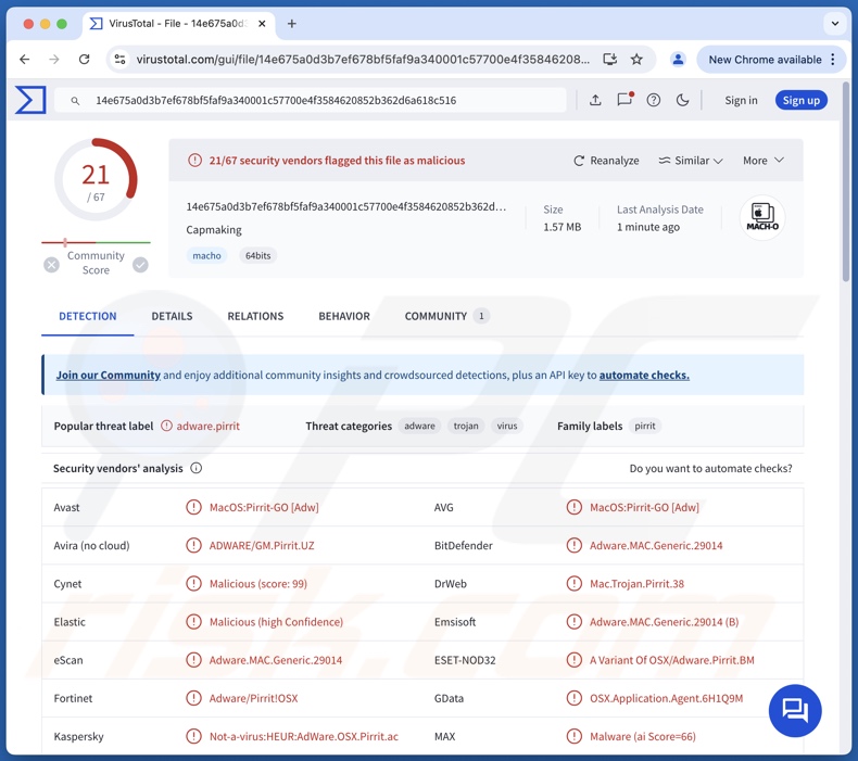 Capmaking.app : détections de logiciels publicitaires sur VirusTotal