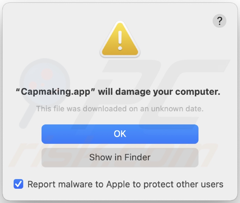 Pop-up affiché lorsque l'adware Capmaking.app est détecté sur le système