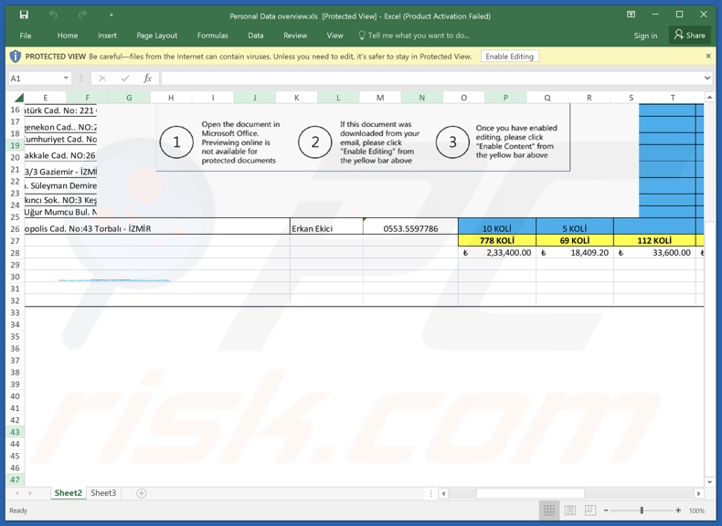 Pièce jointe malveillante diffusée dans le cadre de la campagne de spam Compromise Of Your Digital Identity (Personal Data overview.xls)