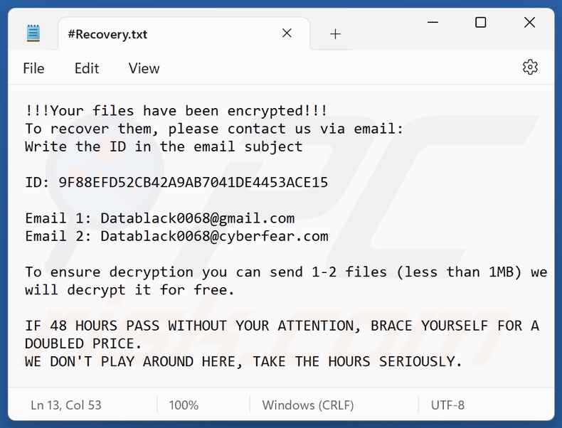 Datablack ransomware note de rançon (#Recovery.txt)