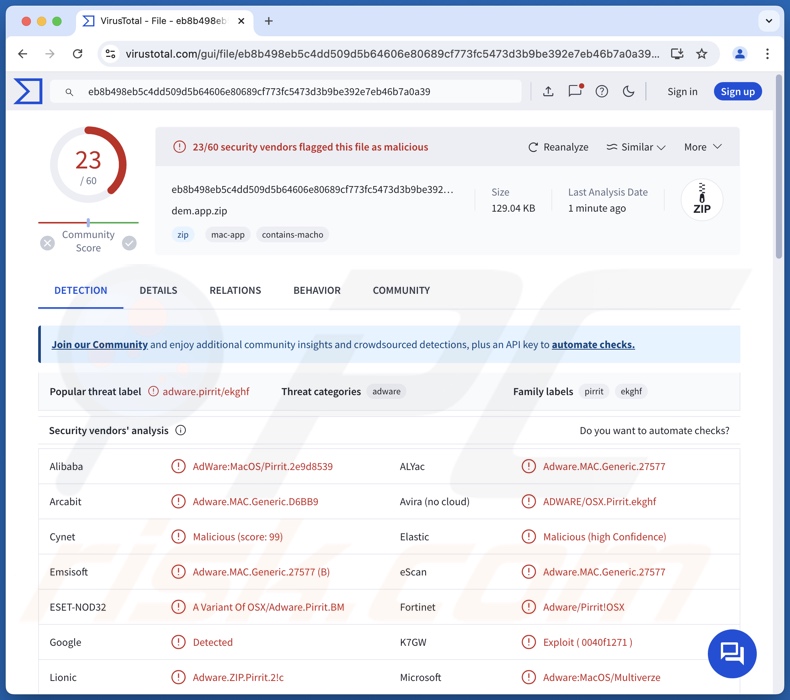 Dem.app détecte des logiciels publicitaires sur VirusTotal