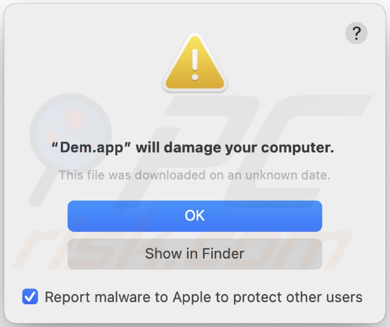 Pop-up affiché lorsque l'adware Dem.app est détecté sur le système