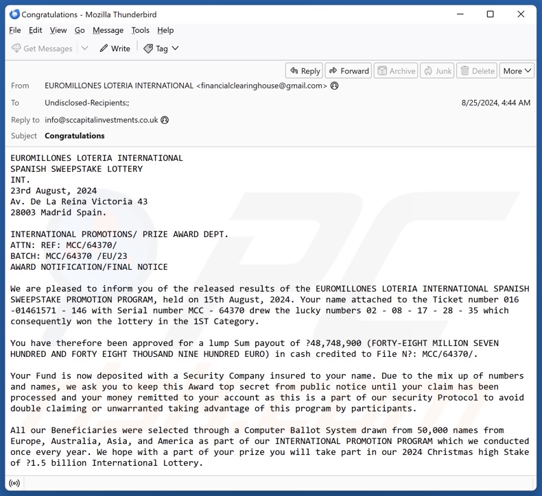 EUROMILLONES LOTERIA INTERNATIONAL Campagne de spam par courrier électronique