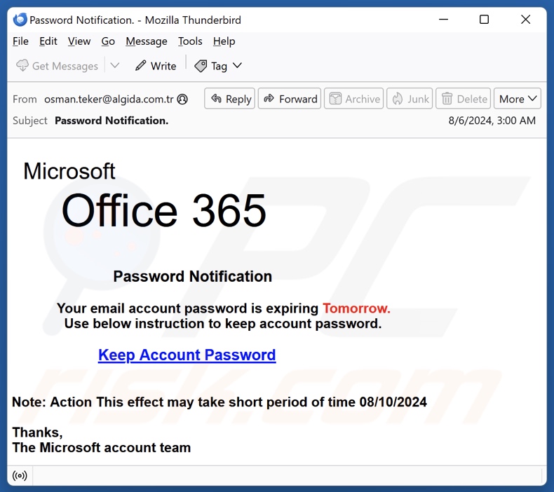 Microsoft Office 365 - Password Notification Campagne de spam par courrier électronique