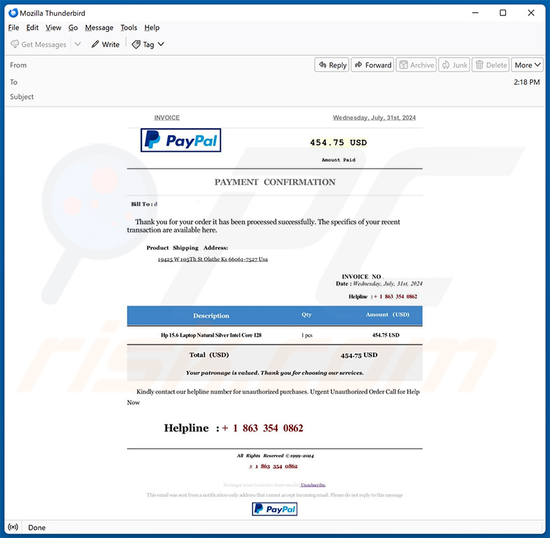 PayPal Order Confirmation escroquerie par courriel (2024-08-06)