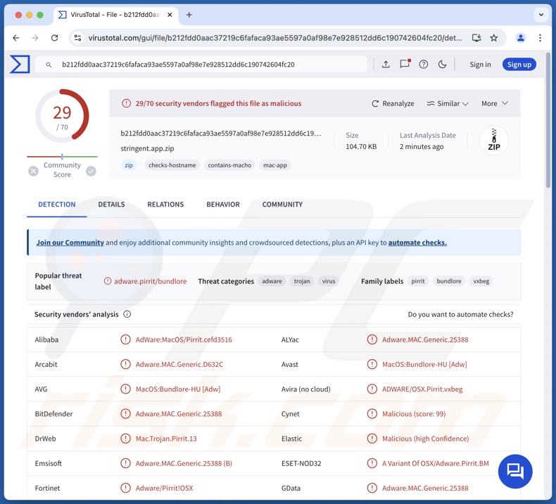 Stringent.app détections de logiciels publicitaires sur VirusTotal