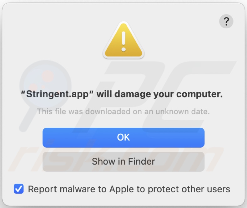 Pop-up affiché lorsque l'adware Stringent.app est détecté sur le système