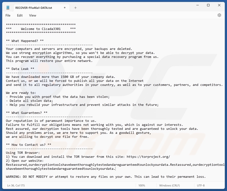 Cicada 3301 ransomware note de rançon (RESTORE-[file_extension]-DATA.txt)