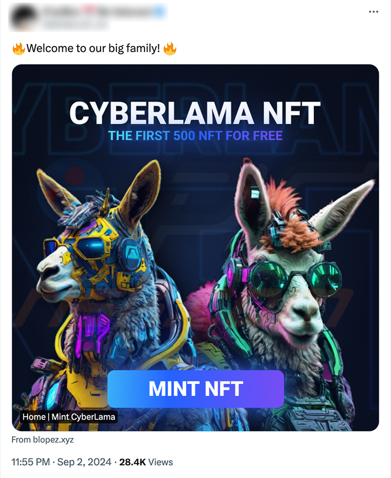 X (Twitter) post promouvant l'escroquerie CyberLama Mint