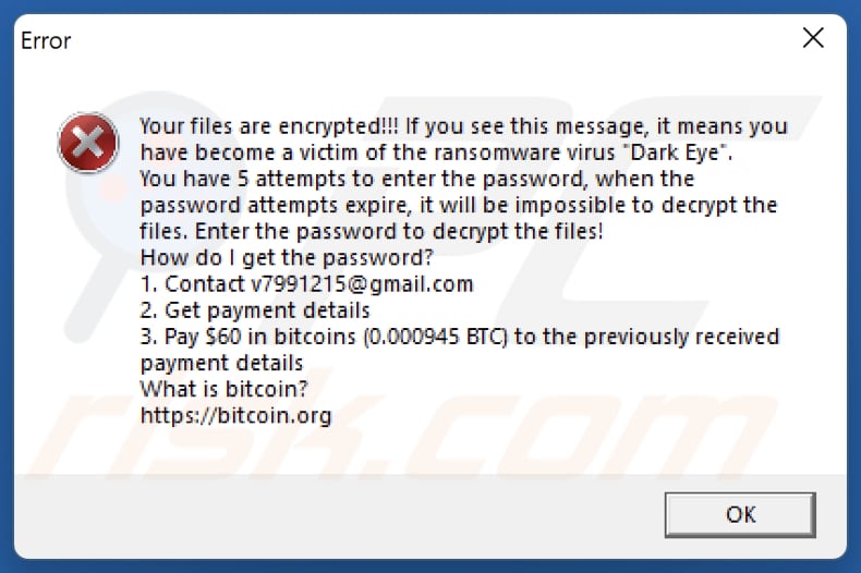 Dark Eye ransomware error pop-up ransom note