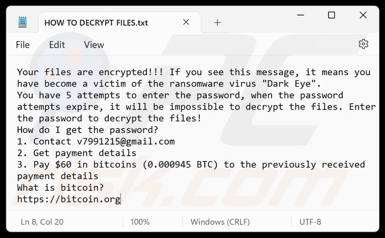 Dark Eye ransomware fichier texte (HOW TO DECRYPT FILES.txt)