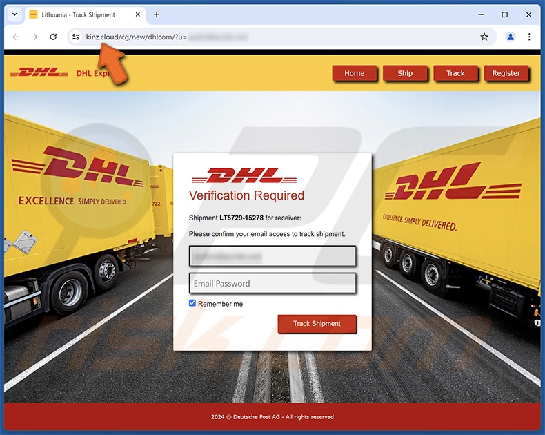 DHL Pickup Confirmation courriel frauduleux site d'hameçonnage promu