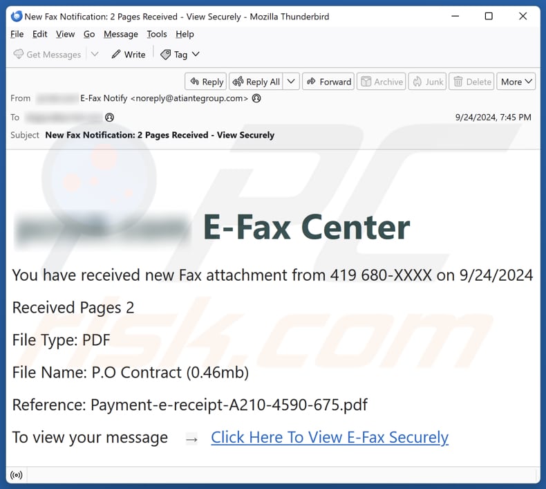 E-Fax Center Campagne de spam par courrier électronique