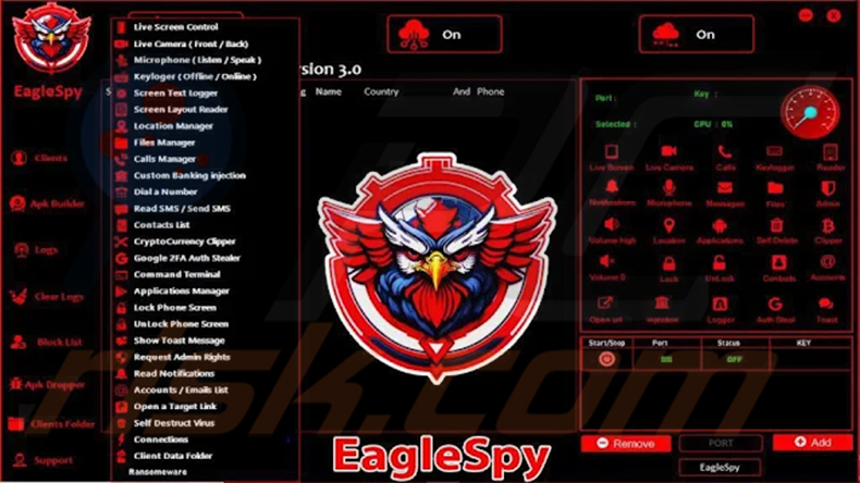 EagleSpy panneau d'administration des logiciels malveillants