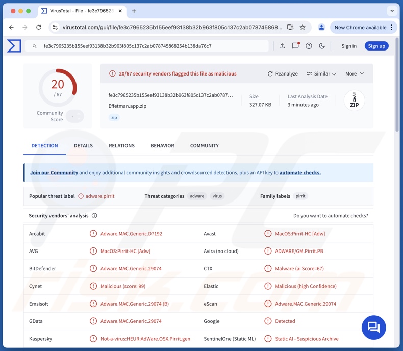 Effet du logiciel publicitaire Effetman.app sur VirusTotal