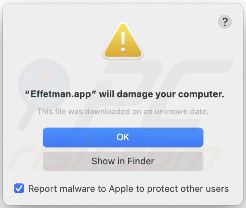 Pop-up affiché lorsque l'adware Effetman.app est détecté sur le système