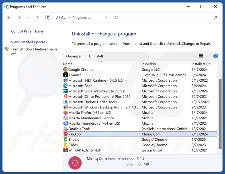 Désinstallation de RairApp via le panneau de configuration