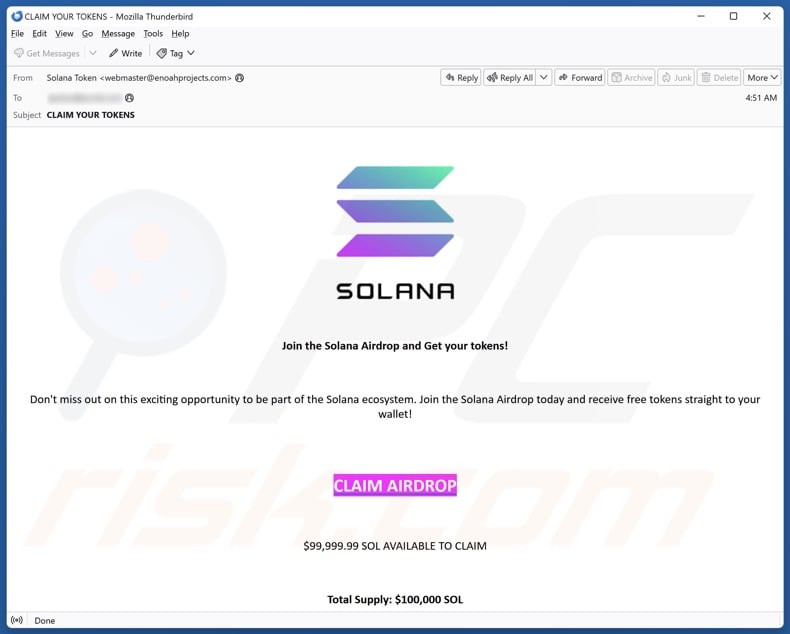 Apparition d'un courrier électronique non sollicité approuvant l'escroquerie Solana Giveaway