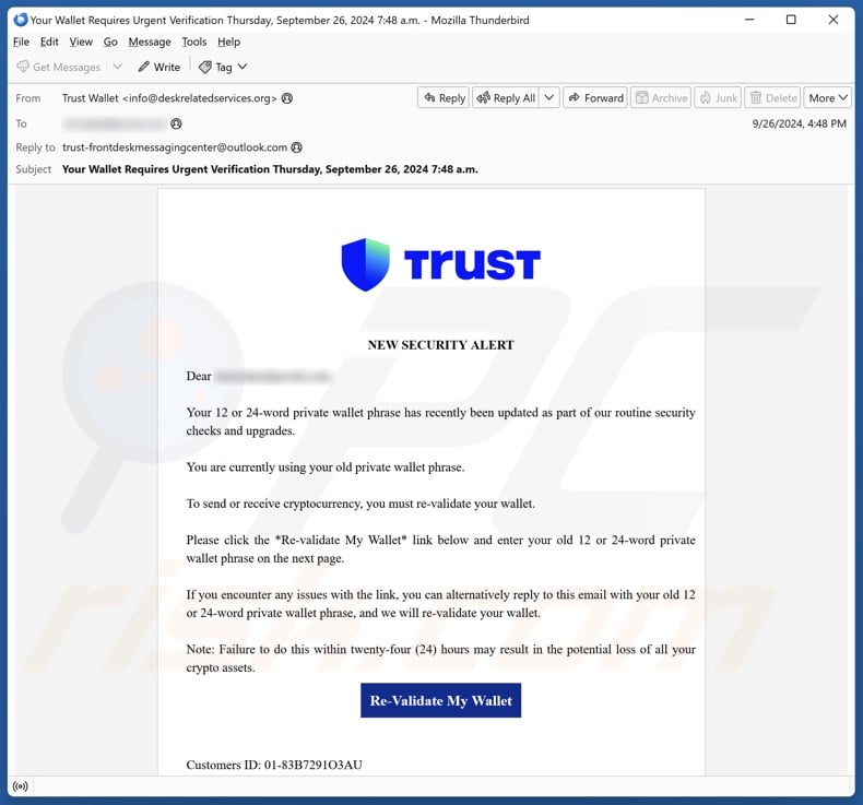 Trust Wallet - New Security Alert Campagne de spam par courrier électronique