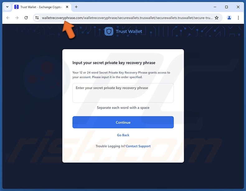 Trust Wallet - New Security Alert courriel frauduleux promotion d'un site de phishing