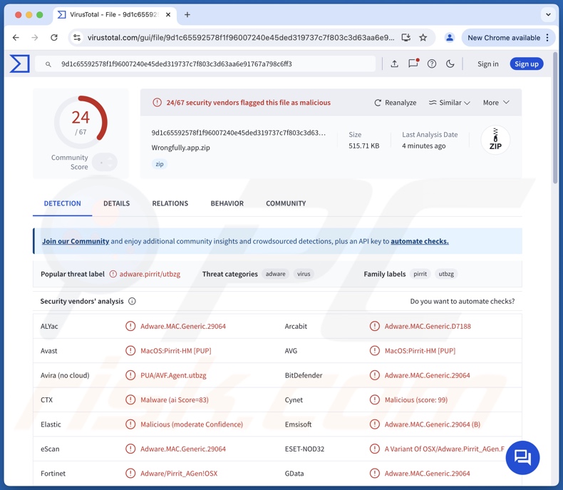 Détection de l'adware Wrongfully.app sur VirusTotal