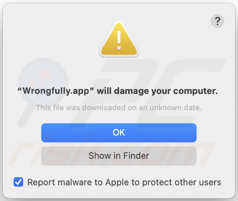 Pop-up affiché lorsque l'adware Wrongfully.app est détecté sur le système