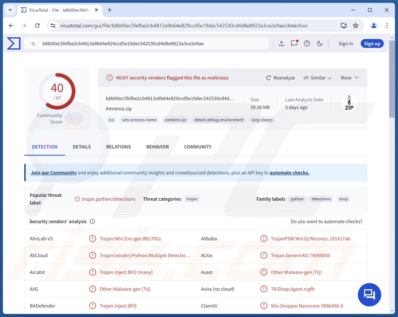 Détections du logiciel malveillant Amnesia sur VirusTotal