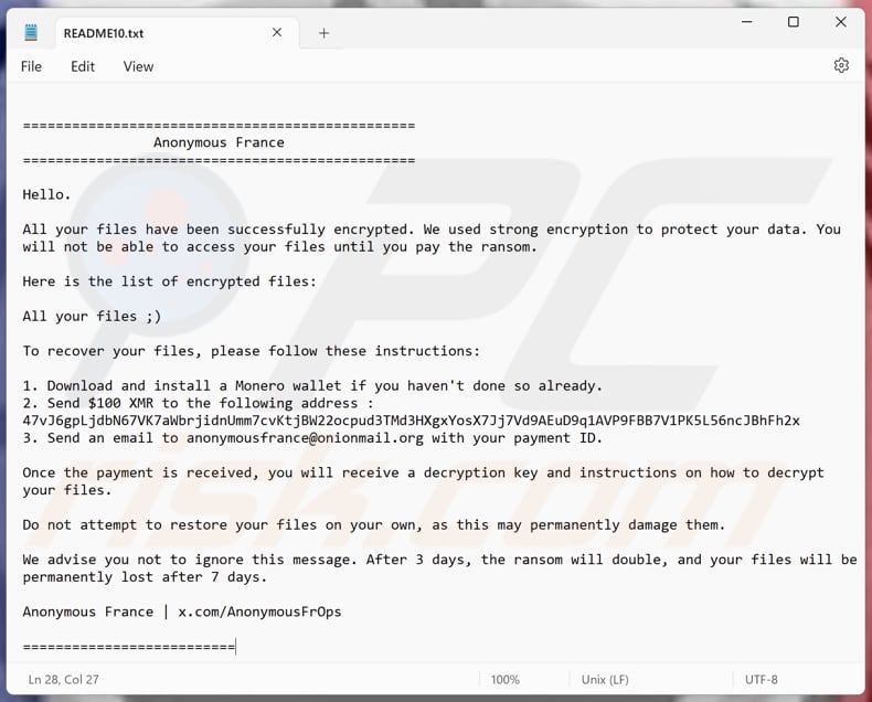 Anonymous France fichier texte du ransomware (README1.txt - README10.txt)