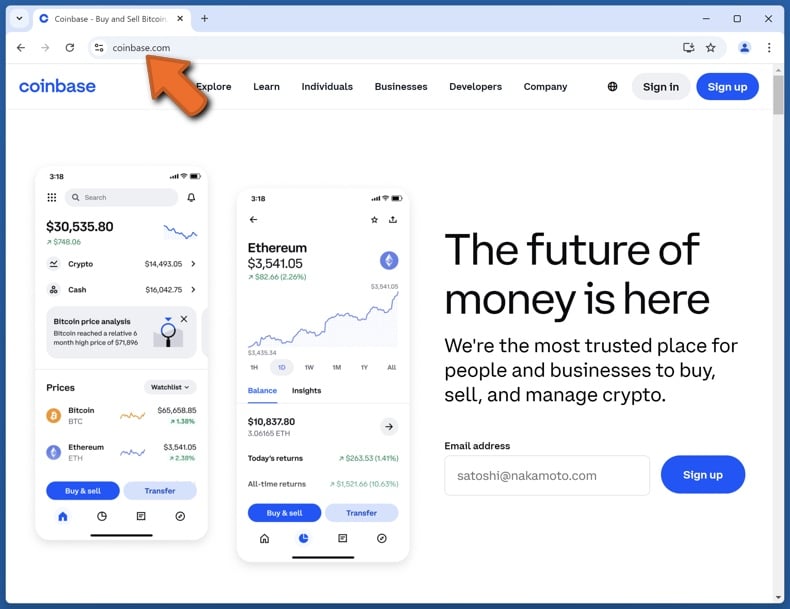 Apparition du vrai site web de Coinbase (coinbase.com)