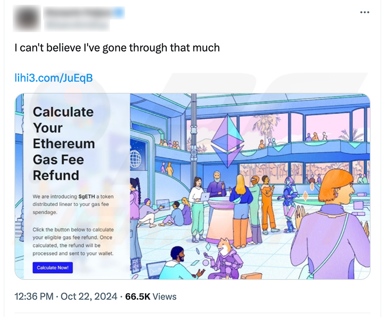 X (Twitter) post promoting Ethereum Gas Fee Refunds drainer le site web (ethereum-org.dex-dd[.]com)