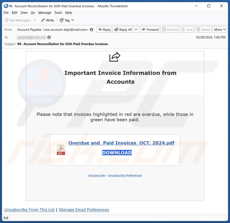 Important Invoice Information From Accounts Campagne de spam par courrier électronique