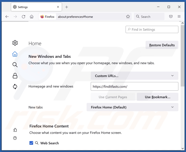 Supprimer finditfasts.com de la page d'accueil de Mozilla Firefox