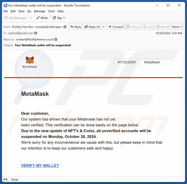 MetaMask Wallet Verification Campagne de spam par courrier électronique