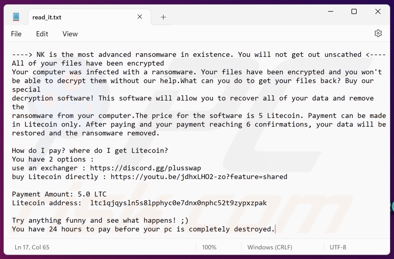 NK ransomware note de rançon (read_it.txt)