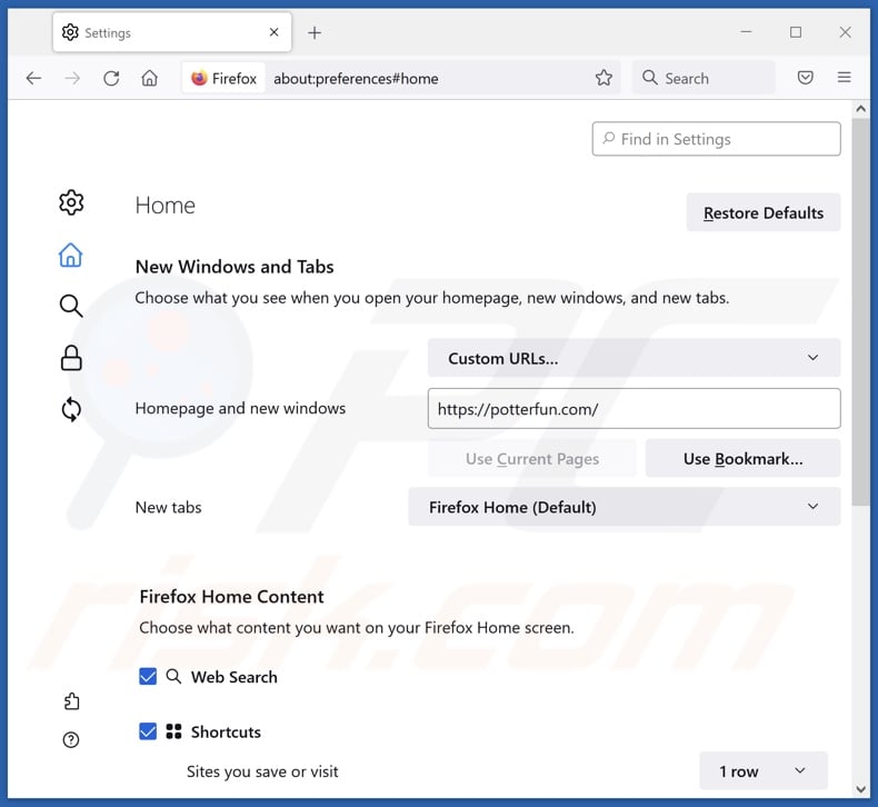 Supprimer potterfun.com de la page d'accueil de Mozilla Firefox