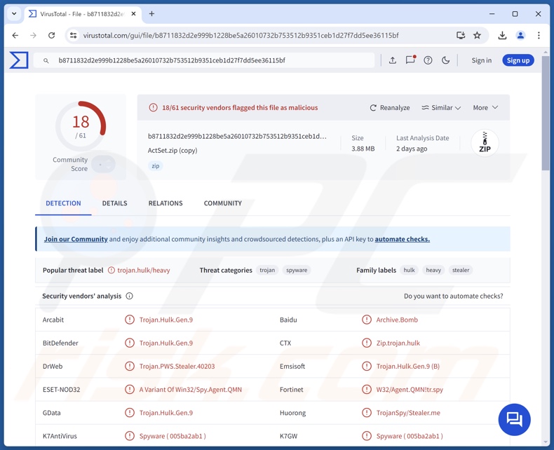 SMD69 détections de logiciels malveillants sur VirusTotal