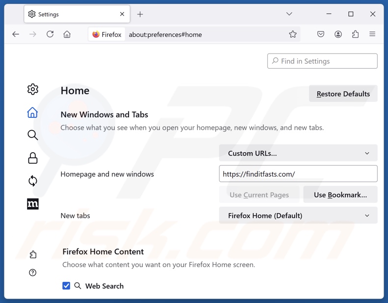Supprimer finditfasts.com de la page d'accueil de Mozilla Firefox