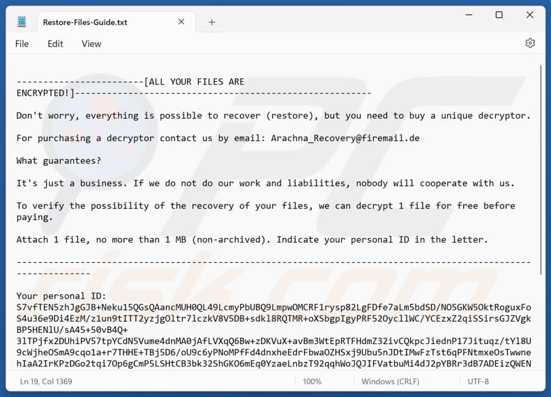 Arachna ransomware fichier texte (Restore-Files-Guide.txt)