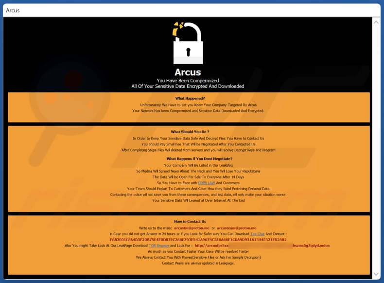 Arcus ransomware message pop-up de la note de rançon