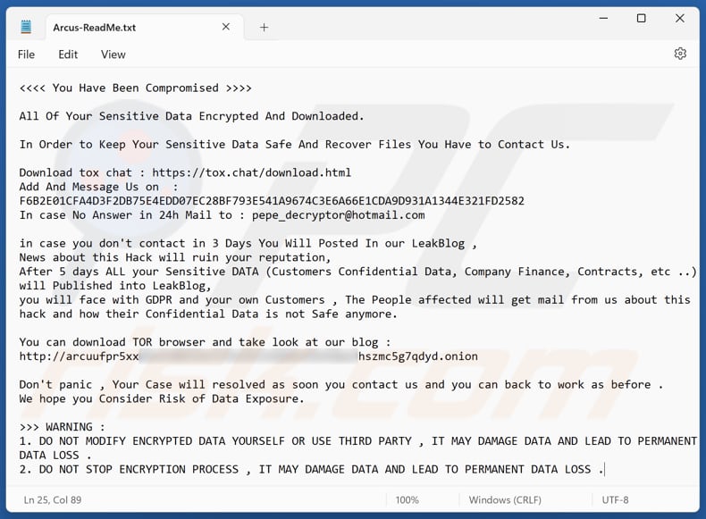 Arcus ransomware deuxième variante de la note de rançon (Arcus-ReadMe.txt)