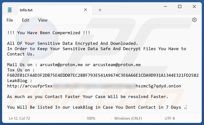 Arcus ransomware fichier texte (info.txt)